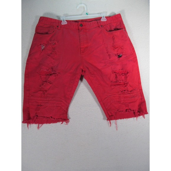Smoke Rise Men's Red Distressed Denim Shorts Size 44 – Raw Hem, Streetwear Moto - Picture 1 of 16